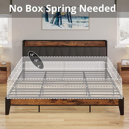 LIKIMIO California King Bed Frames, Storage Headboard with Charging Station, Solid and Stable, Noise Free, No Box Spring Needed, Easy Assembly - LeafyLoom