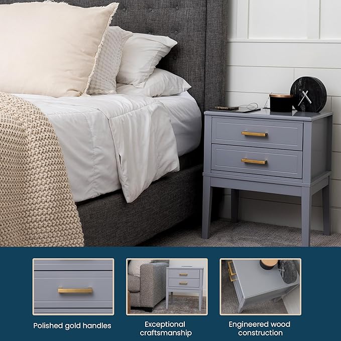 2 Drawer Side Table with Charging Station - Mid Century Modern with Polished Gold Handles, 2 USB Ports & 2 Outlets - Multifunctional Smart Bedside Table Nightstand for Your Home - 24" Tall (Gray) - LeafyLoom