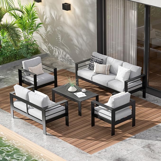 Wisteria Lane Aluminum Patio Furniture Set, 5 Piece Outdoor Conversation Set, Sectional Metal Sofa with 5 Inch Cushion and Coffee Table for Balcony, Backyard, Garden, Black Frame and Grey Cushion - LeafyLoom