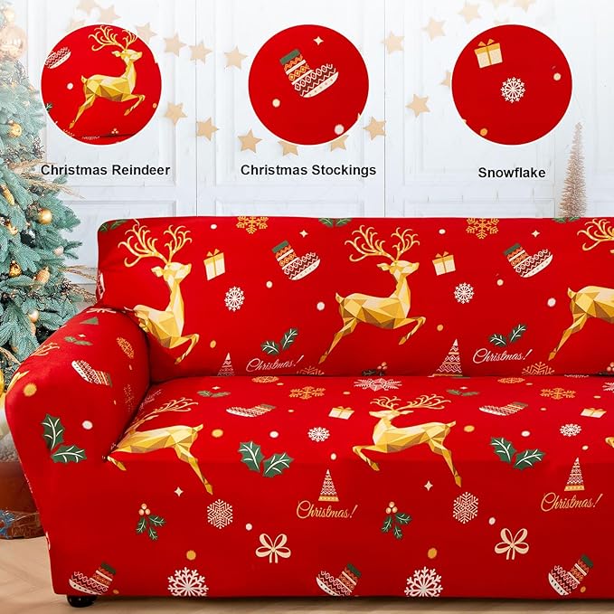 Mybedsoul Christmas Printed Red Sofa Cover Reindeer Printed Elastic Couch Cover Machine Washable Christmas Theme Red Sofa Slipcover for Living Room(3 Seater/Loveseat) Mybedsoul