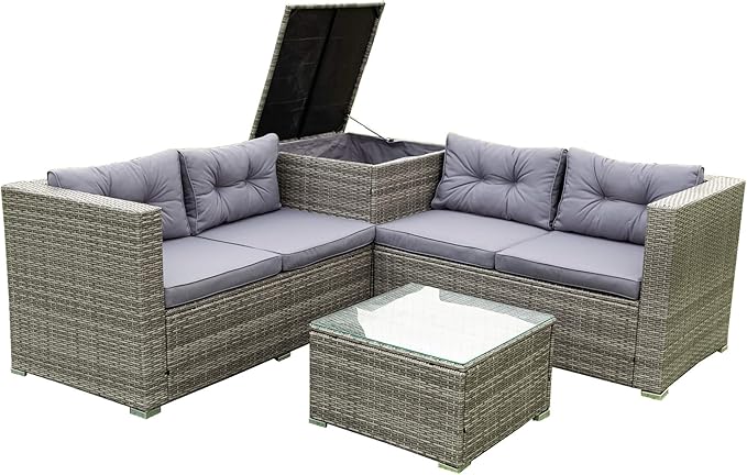 4-Piece Patio Furniture Outdoor Sofa Set, Wicker Sectional Loveseat Couch with Large Storage Box and Glass Table, for Garden Backyard Porch, 1, Gray - LeafyLoom