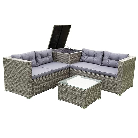 Patio Furniture Set, 4 Pieces PE Wicker Rattan Outdoor Conversation Sectional Sofa with Tempered Glass Table and Storage Box, for Backyard Lawn Garden Lown Porch, E-Grey - LeafyLoom