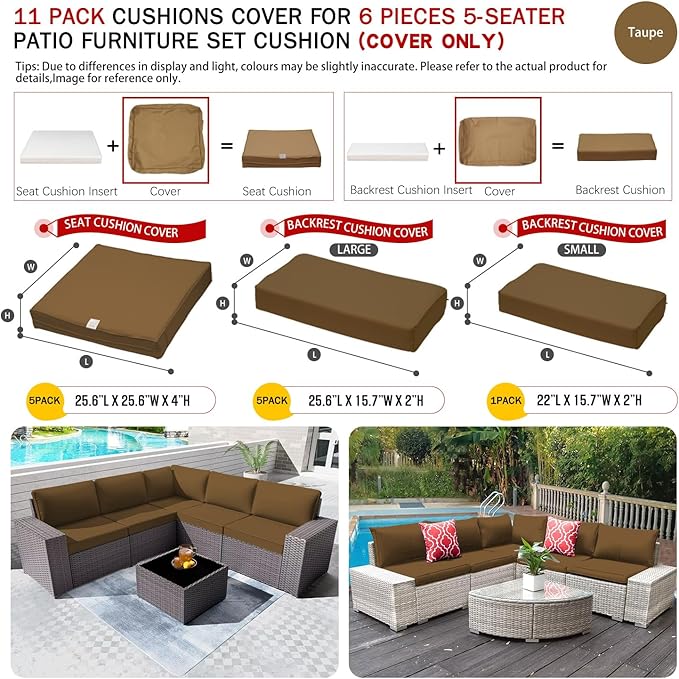 ClawsCover 11Pack Outdoor Seat and Back Cushions Replacement Covers Fit for 5-Seater 6Pieces Wicker Rattan Patio Furniture Conversation Set Sectional Couch Chairs,Taupe-Included Cover Only - LeafyLoom