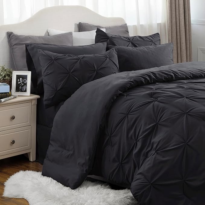 Bedsure Full Size Comforter Sets - Bedding Sets Full 7 Pieces, Bed in a Bag Black Bed Sets with Comforter, Sheets, Pillowcases & Shams, Adult & Kids Bedding - LeafyLoom