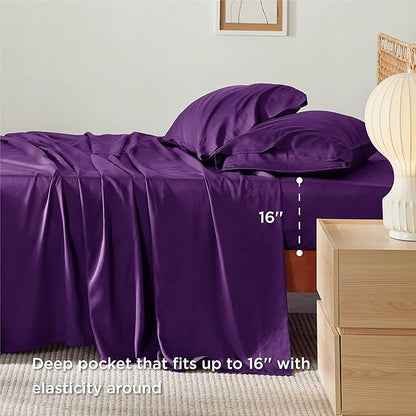 Bedsure Full Size Sheets, Cooling Sheets Full, Rayon Derived from Bamboo, Deep Pocket Up to 16", Breathable & Soft Bed Sheets, Hotel Luxury Silky Bedding Sheets & Pillowcases, Plum - LeafyLoom