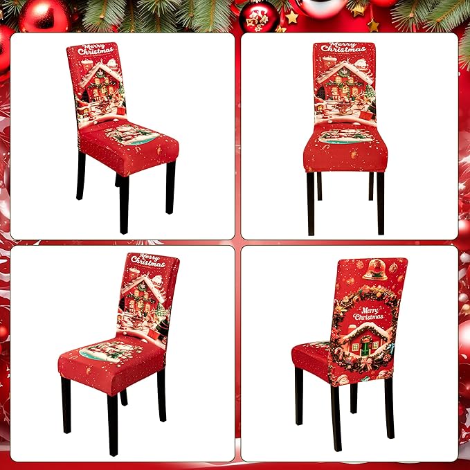 4PCS Christmas Dining Chair Covers Stretch Removable Washable Dining Room Chair Protector Slipcovers Santa Claus House Wreaths Kitchen Chair Cover Slipcover Protector for Xmas Holiday Party Home Décor CZL