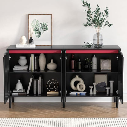 Anmytek Rattan Sideboard Buffet Cabinet with 4 Doors, Large Kitchen Storage Cabinet Black Sideboard with Adjustable Shelf Credenzas for Kitchen Living Room Hallway H0108 - LeafyLoom