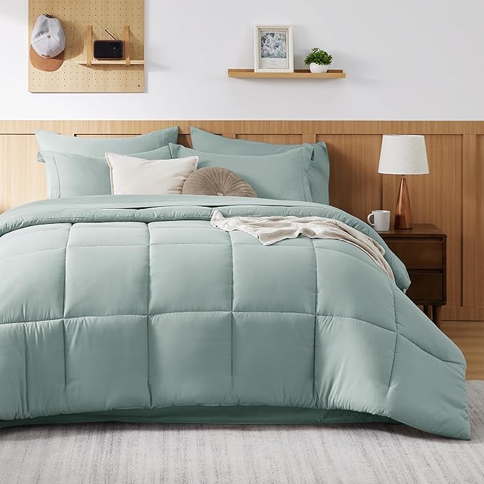 Bedsure Sage Green Full Size Comforter Set - 7 Pieces Solid Full Bed in a Bag, Full Bed Set Sage Green with Quilted Warm Fluffy Comforters, Sheets, Pillowcases & Shams - LeafyLoom