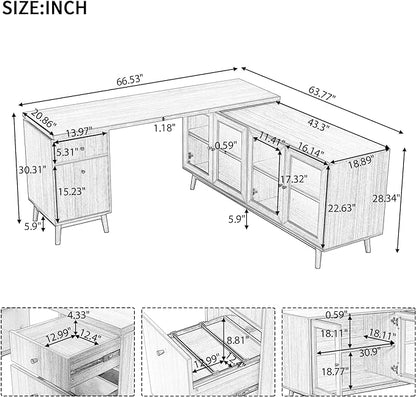 NicBex Laik-DW-00033-DX Desks, 66.53" W x 63.77" D x 30.31" H, Teak - LeafyLoom