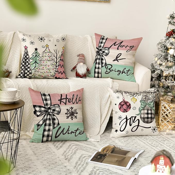 AVOIN colorlife Merry Christmas Joy Xmas Trees Colorful Throw Pillow Covers, 18 x 18 Inch Christmas Winter Holiday Cushion Case Decoration for Sofa Couch Set of 4 AVOINcolorlife