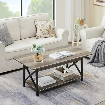 GreenForest Coffee Table with Storage, 39inch Modern Coffee Tables for Living Room, X-Frame Design Farmhouse Coffee Table Space Saving Living Room Tables, Easy Assembly, Grey Wash - LeafyLoom