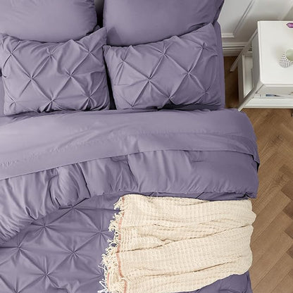 Bedsure Grayish Purple King Size Comforter Set - Bedding Set King 7 Pieces, Pintuck Bed in a Bag Green Bed Set with Comforter, Sheets, Pillowcases & Shams - LeafyLoom