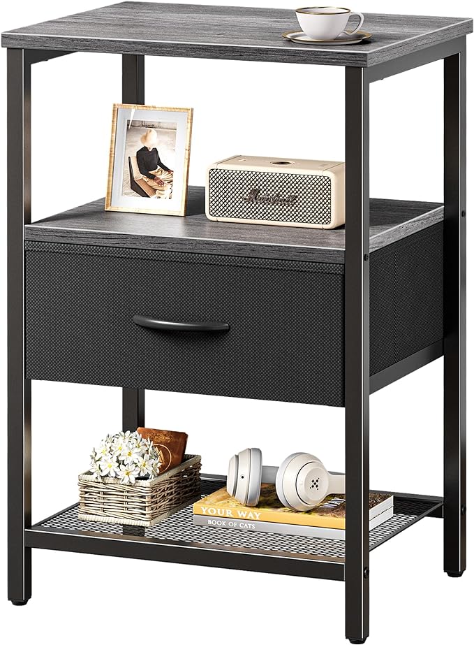 Night Stand with Fabric Drawer, Side Table with Mesh Shelf, Bedroom Nightstand, Fabric Drawer Dresser, Open Shelf, Metal Frame, Couch Side, Charcoal Gray - LeafyLoom