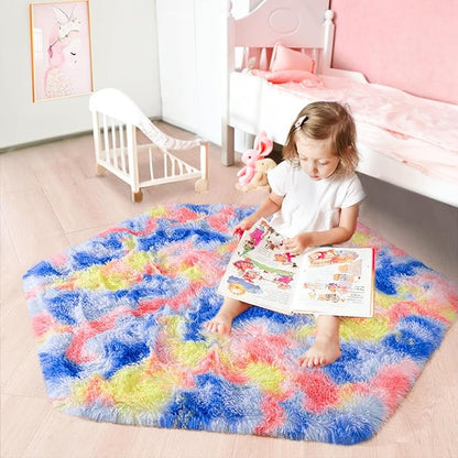 junovo Ultra Soft Hexagon Rug Fluffy Rainbow Nursery Rug for Princess Tent Kids Play Castle, Furry Hexagonal Carpet for Kids Girls Room Playhouse Classroom Dorm Home Decor, 4.6ft Tie-Dye Orange-Red - LeafyLoom