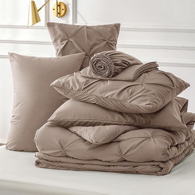 Bedsure California King Comforter Set Khaki - Cal King Bed Set 7 Pieces, Pinch Pleat Cali King Bedding Set with Comforter, Sheets, Pillowcases & Shams - LeafyLoom