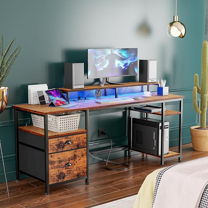 Furologee 61" Computer Desk with Power Outlet and USB Ports, Large Desk with Shelves and Drawer, Writing Study Desk with Fabric File Cabinet and Long Monitor Stand, Gaming Desk for Home Office - LeafyLoom