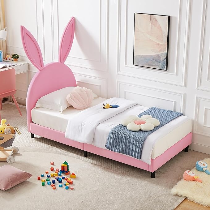 VECELO Kids Twin bed Frame with Upholstered Headboard, Princess Beds for Girls, 12 Wooden Slats Support, No Boxing Spring Needed - LeafyLoom