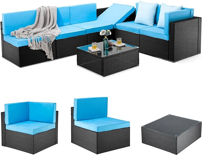 Pamapic Patio Furniture Set, 7 Pieces Modular Outdoor Sectional, Patio Sectional Sofa Conversation Set, Rattan Sofa with Coffee Table and Washable Cushions Covers, Black Rattan and Blue Cushions - LeafyLoom