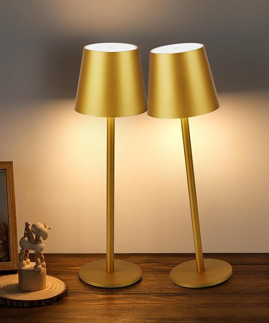 2Pack Gold Cordless Table Lamp, 5200mAh IP54 Waterproof Rechargeable Battery Desk Lamp, 3 Color Stepless Dimming Up，Battery Operated Lamp for Kitchen/Outdoor/Restaurant/Camping (Gold) - LeafyLoom