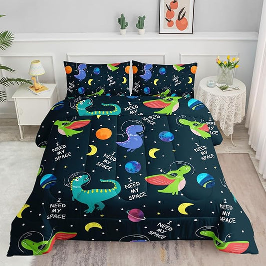 Datura home Dinosaur Space Dinos Comforter Bedding Set for Boys Kids Children,Celestial Bodies Colorful Dinosaur Print Bedding Set with 1 Comforter and 2 Pillowcases(Dinosaur Full) - LeafyLoom