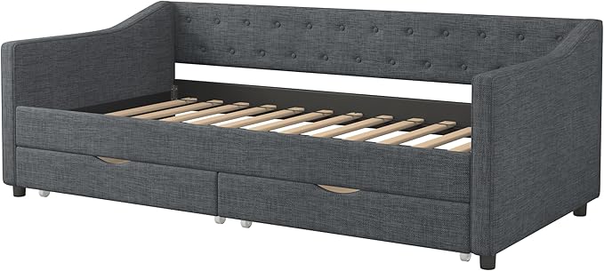 Twin Size Upholstered Daybed with 2 Drawers,Wood Sofa Bed Frame W/Button Tufted Backrest and Waved Shape Arms,Slats Support,Linen Fabric Day Bed,for Bedroom,Living Room,Apartment,Dark Gray - LeafyLoom