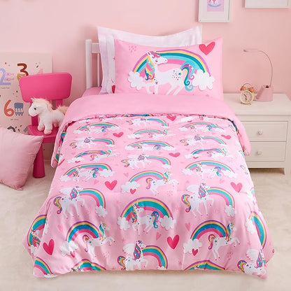 Joiedomi Kid Twin Comforter Set - 5 Piece Unicorn Rainbow Bedding Set for Boys/Girls - Super Soft Microfiber Bed in a Bag with Comforter, Sheets, Pillowcase & Sham - LeafyLoom