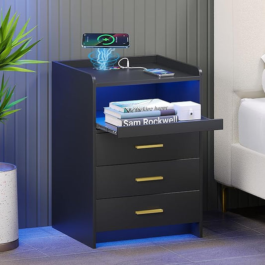 RGB Nightstand-Bedside-End-Table with USB &Wireless Charging Station: Smart Nightstand for Sofa Table with Human-Body Inductions, Modern Bedroom Furniture with Drawers for Living Room, Black - LeafyLoom