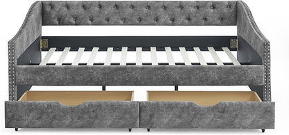 Full Size Upholstered Daybed with Two Storage Trundle Drawers, Wooden Sofa Bed w/Button Tufted Backrest and Waved Shape Arms, No Box Spring Needed, for Living Room, Bedroom, Dorm, Grey - LeafyLoom