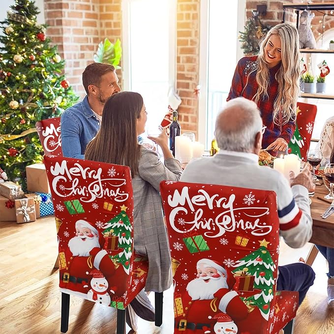 U'Artlines Christmas Chair Covers Set of 4, Removable Washable Merry Christmas Dining Chair Seat Covers Stretch Protector Slipcovers for Dining Room Kitchen Holiday Party Decor, Santa Claus UArtlines