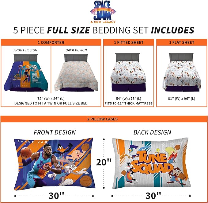 Franco Kids Bedding Super Soft Comforter and Sheet Set, 5 Piece Full Size, Space Jam 2 A New Legacy - LeafyLoom