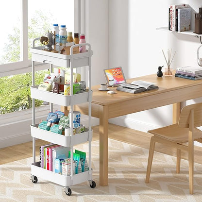 4-Tier Rolling Cart，Trolley with Drawer, Kitchen Storage Organizer with Plastic Shelf & Metal Wheels, Storage Cart for Living Room, Kitchen, Office, Bathroom, White - LeafyLoom