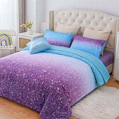 A Nice Night Girls Comforter Set Twin Size 6 Piece Bed in A Bag 3D Colorful Sparkle Galaxy Rainbow Bedding Comforter Sheet Sets for Kids,BluePurple - LeafyLoom