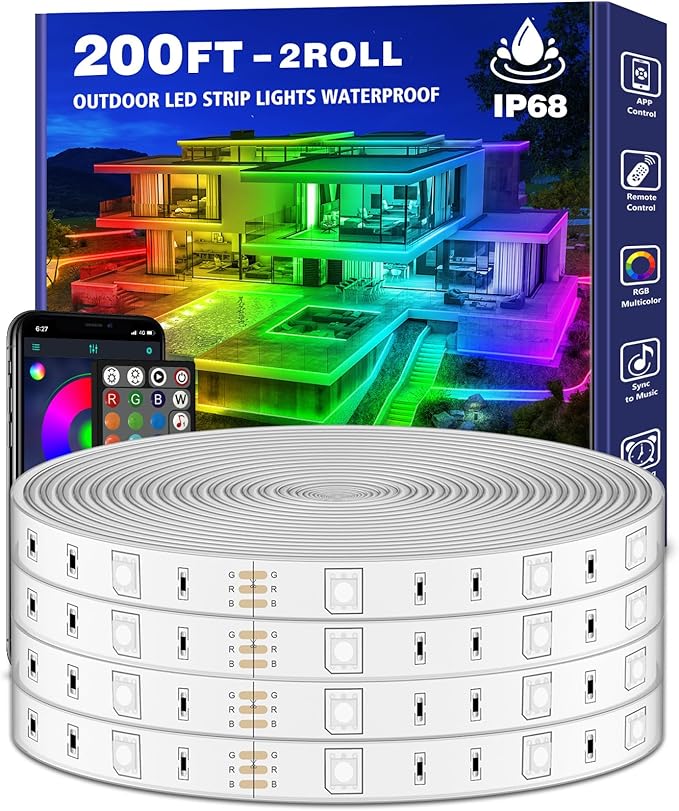 200ft Outdoor LED Strip Lights Waterproof 1 Roll,IP68 Outside Led Light Strips with App and Remote,Music Sync RGB Exterior Rope Self Adhesive Back for Deck,Balcony,Pool LETIANPAI