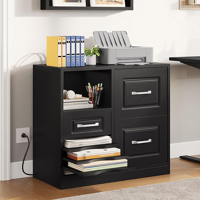 YITAHOME 3 Drawer File Cabinet, Filing Cabinet with Charging Station, Printer Stand with Open Storage Shelves, Fits for A4, Letter, Legal Size Files, Black - LeafyLoom