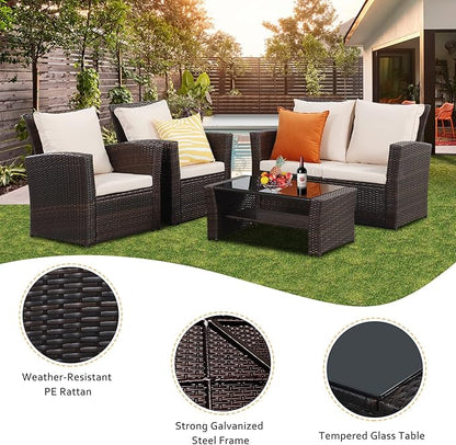 Solaste 4 Piece Patio Outdoor Furniture Sets,Patio Conversation Sofa Wicker Chair with Cushion,Hand Woven Rattan Sofa for Porch Backyard Outside Garden Lawn Yard,Brown - LeafyLoom