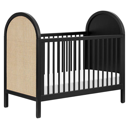 babyletto Bondi Cane 3-in-1 Convertible Crib with Toddler Bed Conversion Kit in Black with Natural Cane, Greenguard Gold Certified - LeafyLoom