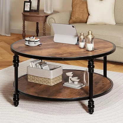 GAOMON Round Coffee Table Living Room 34.25in Rustic Circle Center Table with Storage Shelf 2-Tier Modern Wood Coffee Table, Easy Assembly(Brown) - LeafyLoom