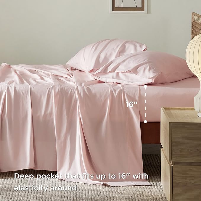 Bedsure Full Size Sheets, Cooling Sheets Full, Rayon Derived from Bamboo, Deep Pocket Up to 16", Breathable & Soft Bed Sheets, Hotel Luxury Silky Bedding Sheets & Pillowcases, Pink - LeafyLoom