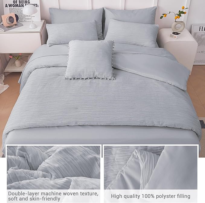 8 Piece Woven Texture Grey Comforter Queen Size, Bed in A Bag Bedding Sets Queen with Comforter and Sheets, Soft Lightweight Comforter Set with Deocor Throw Pillow, Grey - LeafyLoom