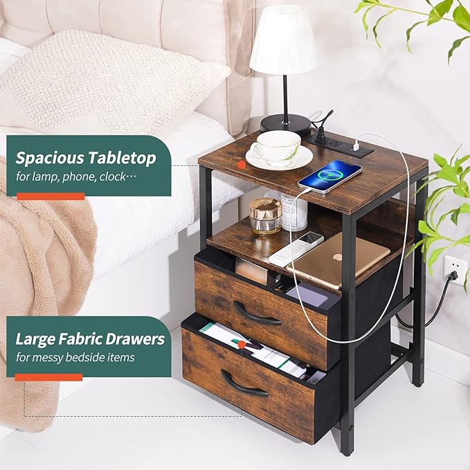 Yoobure Nightstand with Charging Station, Small Night Stand with Fabric Drawers and Storage Shelf for Bedrooms, Small Spaces, Bedside Table with USB Ports & Outlets - LeafyLoom