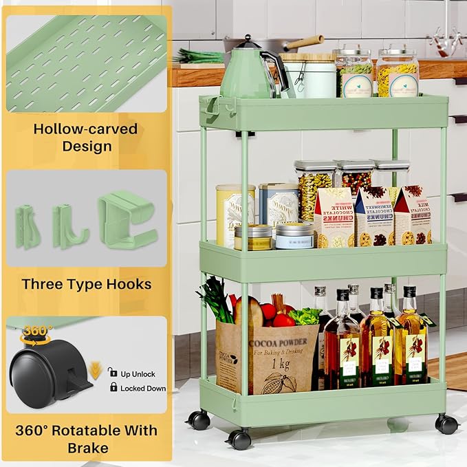 SPACEKEEPER Rolling Storage Cart 3 Tier, Bathroom Cart Organizer Laundry Room Organizer Utility Cart Mobile Shelving Unit Multi-Functional Shelves for Office, Kitchen, Bathroom, Green - LeafyLoom