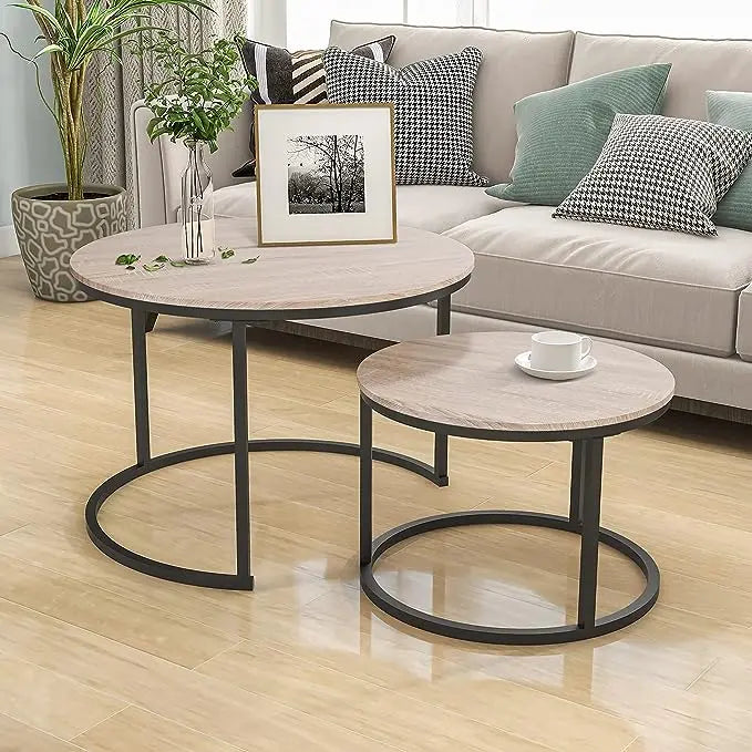 Industrial Round Coffee Table Set of 2 End Table for Living Room,Stacking Side Tables, Sturdy and Easy Assembly,Wood Look Accent Furniture with Metal Frame,Black+Teak Oak - LeafyLoom