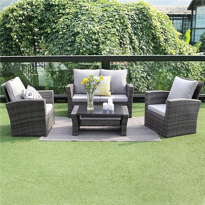 4 Piece Patio Furniture Sets, All-Weather Wicker Conversation Sets, Outdoor Rattan Sectional Sofa Chair with Cushions and Coffee Table for balcony, garden, backyard, Grey - LeafyLoom