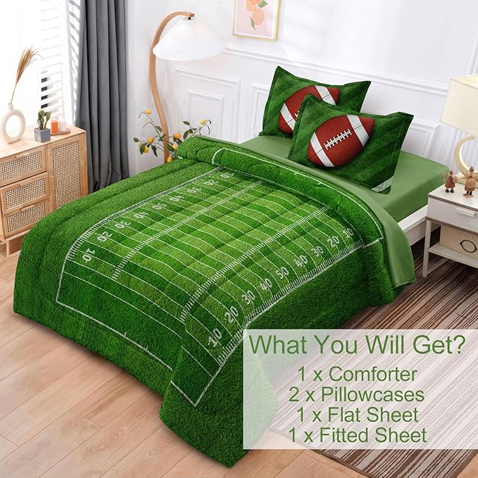 Football Comforter Set Full Size for Teen Boys, Kids Football Field Bedding Green Themed Bedroom Set with Sheets, Full Bed in a Bag Set - LeafyLoom