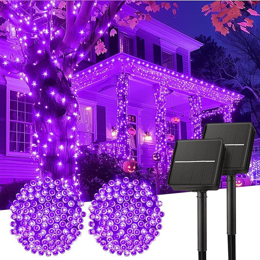 Minetom 2 Pack Solar Halloween Lights Outdoor, Total 80FT 200 LED Halloween String Lights with 8 Modes, Halloween Decoration Outdoor, Waterproof Solar String Lights for Outside Tree Yard Party, Purple Minetom