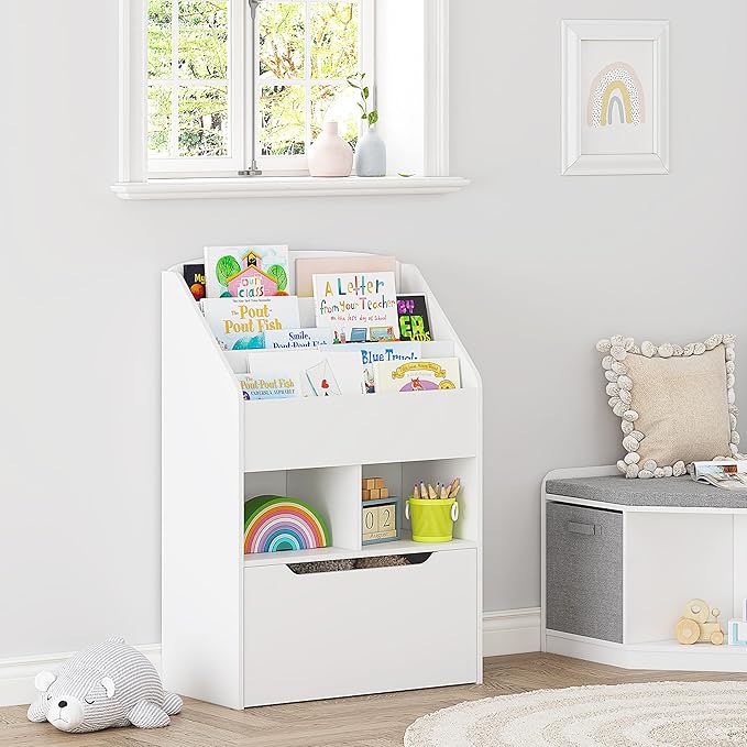 UTEX Bookshelf for Kids, Wooden Book Display, Kids Bookshelf and Toy Storage, Children Book Rack Bookcase Toybox Combo for Bedroom & Nursery, White - LeafyLoom