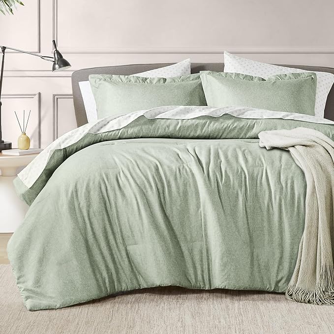 5 Pieces Twin Size Comforter Set with Sheets, Neutral Green Bed in a Bag, Modern Farmhouse Bedding Sets with Comforter, Flat & Fitted Sheet, Pillowcases & Shams - LeafyLoom