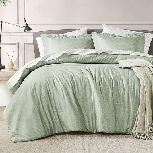 5 Pieces Twin Size Comforter Set with Sheets, Neutral Green Bed in a Bag, Modern Farmhouse Bedding Sets with Comforter, Flat & Fitted Sheet, Pillowcases & Shams - LeafyLoom