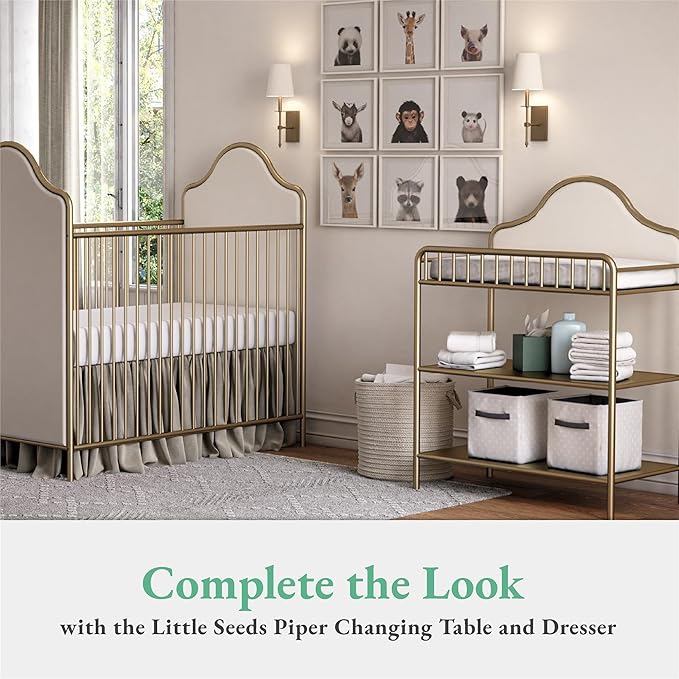 Little Seeds Piper Upholstered Metal Crib, Gold - LeafyLoom