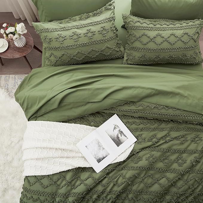 Anluoer Full Comforter Set 7 Pieces, Olive Green Tufted Bed in a Bag with comforters and sheets, All Season Bedding Sets with 1 Comforter, 2 PillowShams, 2 Pillowcases, 1 Flat Sheet, 1 Fitted Sheet - LeafyLoom